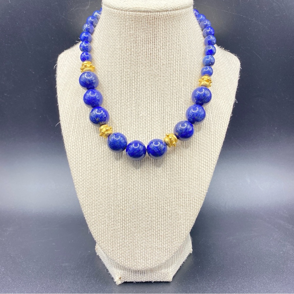 Blue Lapis Lazuli Necklace Graduated Stone Beads  With Gold Accent Beads 16" - Picture 7 of 7